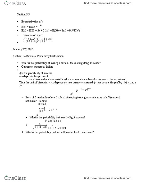 STAT2593 Lecture Notes - Lecture 4: Binomial Distribution thumbnail