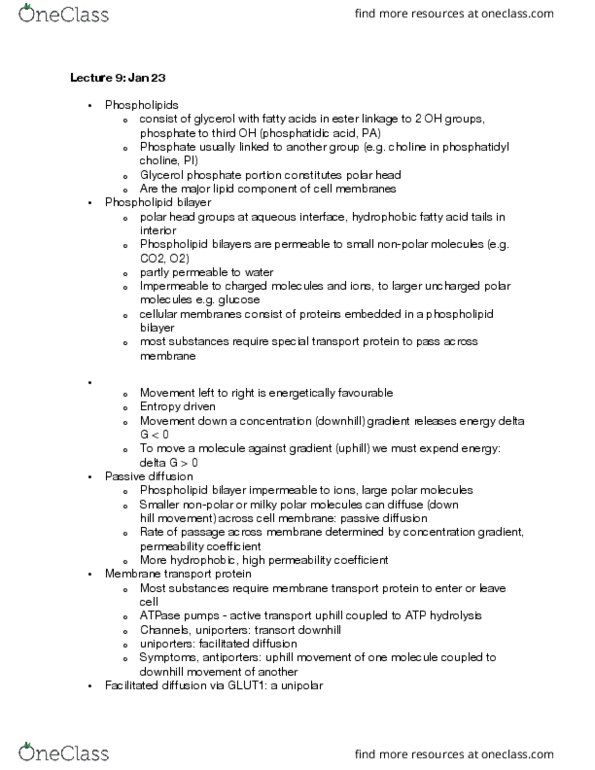 BIOL 201 Lecture Notes - Lecture 8: Phosphatidylcholine, Membrane Transport Protein, Lipid Bilayer thumbnail