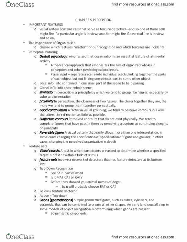 PSYCH 9A Chapter Notes - Chapter 5: Parsing, Gestalt Psychology, Visual Search thumbnail