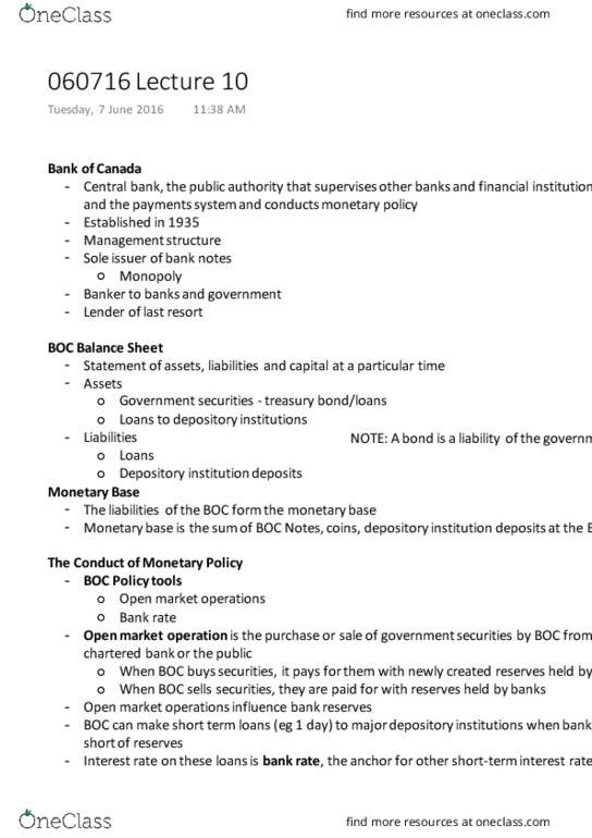 ECON100 Lecture Notes - Lecture 10: Open Market Operation, Bank Reserves, Monetary Base thumbnail