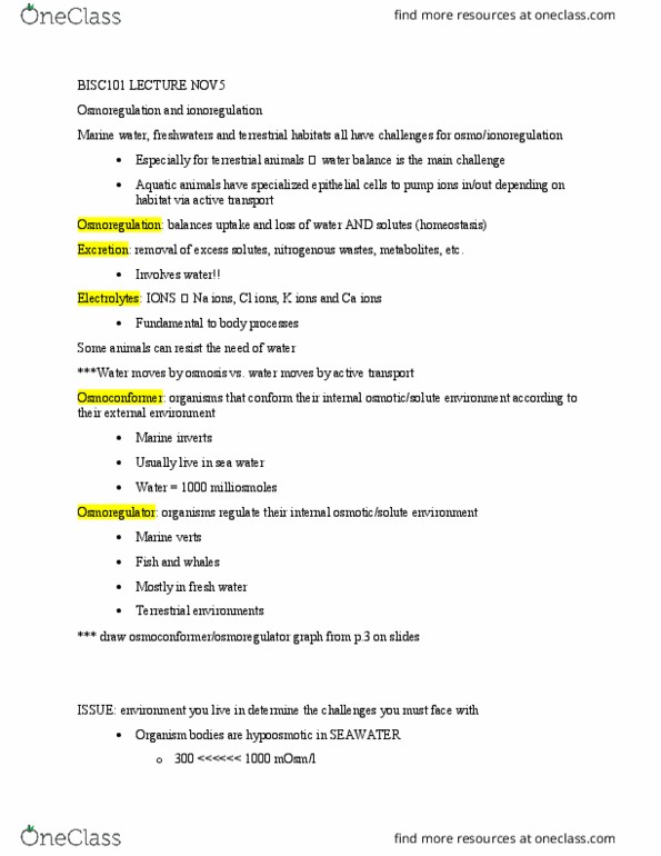 BISC 101 Lecture Notes - Lecture 16: Osmoregulation, Active Transport, Organism thumbnail