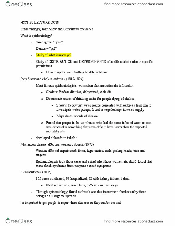 HSCI 130 Lecture Notes - Lecture 9: Cumulative Incidence, Spinach, Hypotension thumbnail