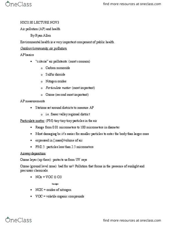 HSCI 130 Lecture Notes - Lecture 16: Fraser Valley Regional District, Volatile Organic Compound, Sulfur Dioxide thumbnail