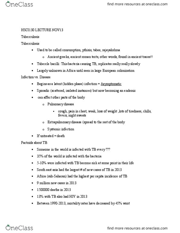 HSCI 130 Lecture Notes - Lecture 19: Respiratory Disease, Night Sweats, Tubercle thumbnail