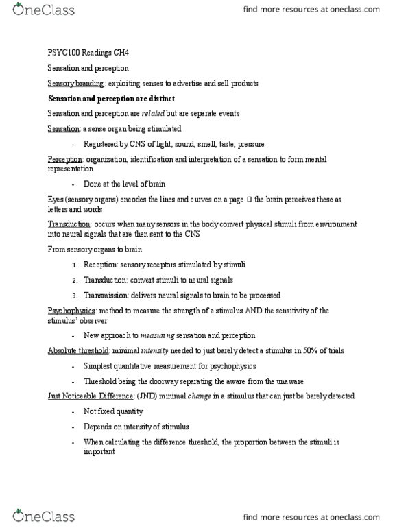 PSYC 100 Lecture Notes - Lecture 4: Absolute Threshold, Psychophysics, New Approach thumbnail