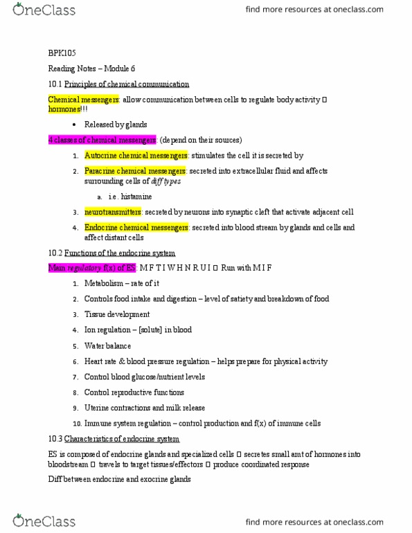 BPK 105 Lecture Notes - Lecture 6: Endocrine System, Extracellular Fluid, Autocrine Signalling thumbnail