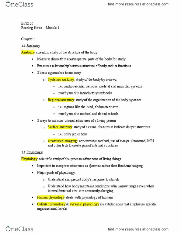 BPK 105 Lecture 1: Reading Notes - Module 1 thumbnail