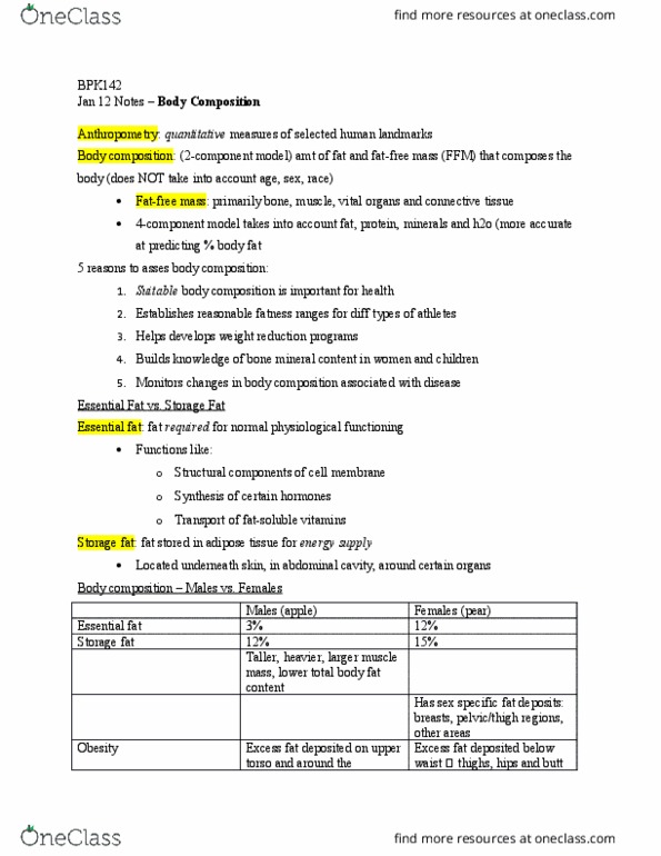 BPK 142 Lecture Notes - Lecture 2: Abdominal Cavity, Bone Mineral, Anthropometry thumbnail