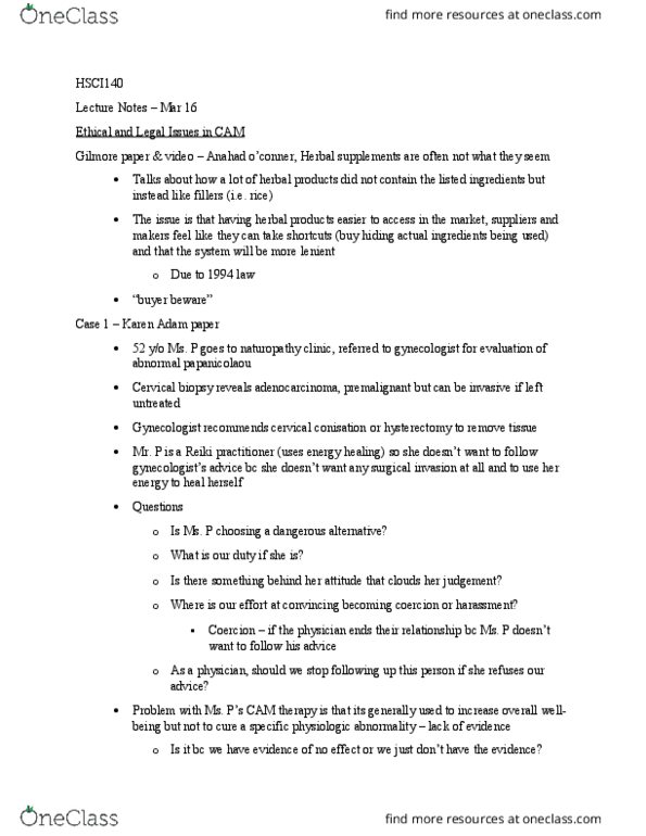 HSCI 140 Lecture Notes - Lecture 10: Gynaecology, Precancerous Condition, Reiki thumbnail