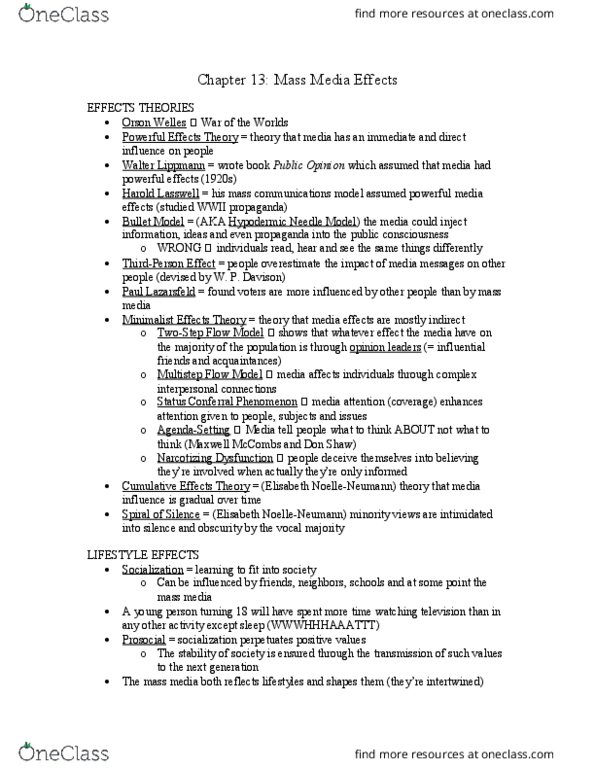 COM 101 Lecture Notes - Lecture 11: Agenda-Setting Theory, Harold Lasswell, Orson Welles thumbnail
