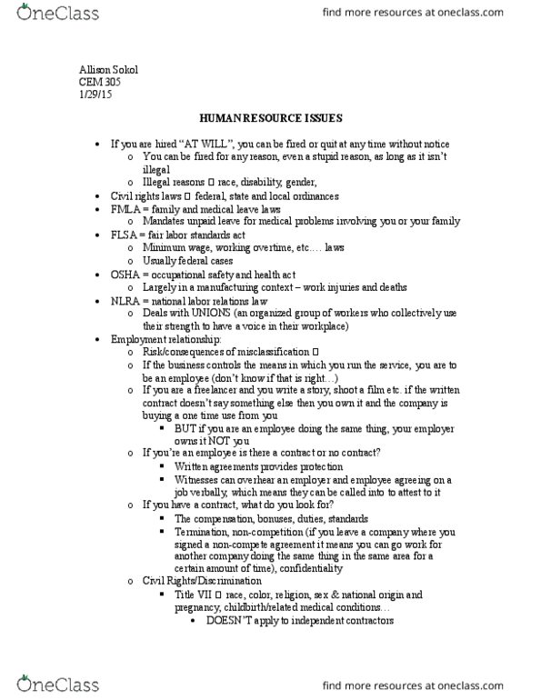 CHM 111 Lecture Notes - Lecture 3: Fair Labor Standards Act, National Labor Relations Act, Civil Rights Act Of 1964 thumbnail