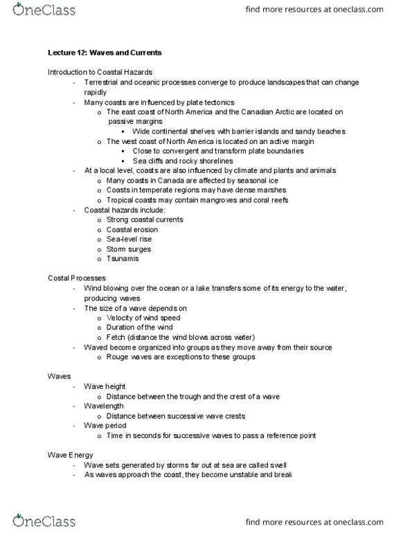 EARTHSC 2GG3 Lecture Notes - Lecture 12: Continental Shelf, Convergent Boundary, Wave Height thumbnail