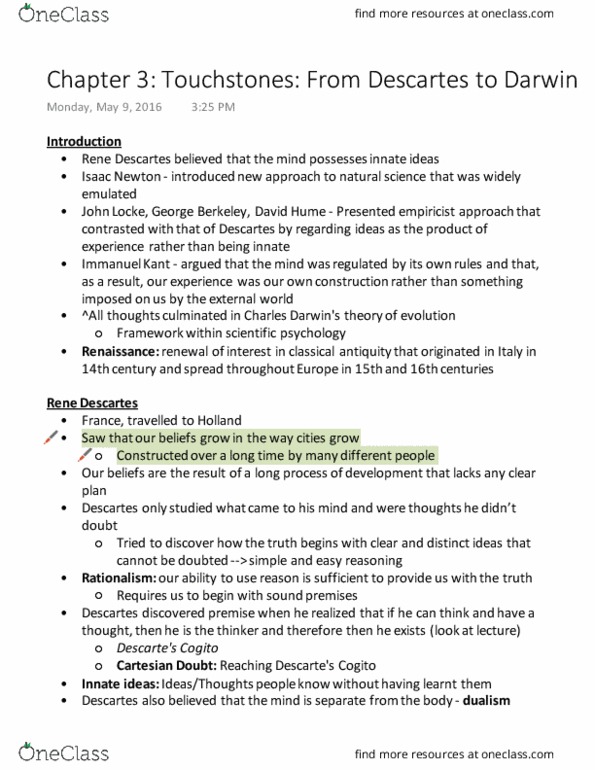 PSYC85H3 Chapter Notes - Chapter 3: Pineal Gland, Empiricism, Cartesian Doubt thumbnail