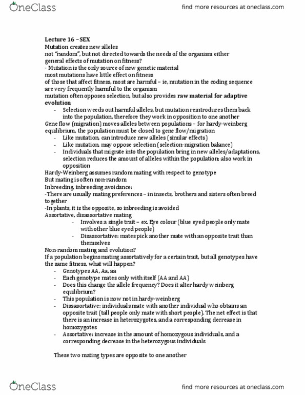 Biology 1001A Lecture Notes - Lecture 16: Assortative Mating, Inbreeding Avoidance, Eye Color thumbnail