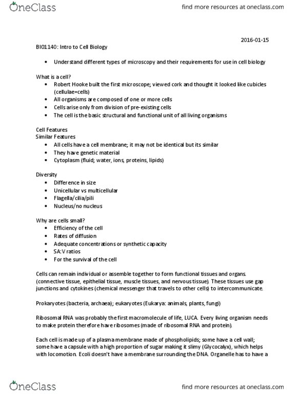 BIO 1140 Lecture Notes - Lecture 1: Ribosomal Rna, Robert Hooke, Epithelium thumbnail