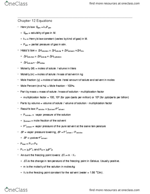 CHEM 118 Chapter Notes - Chapter 12: Mole Fraction, Molality, Gas Constant thumbnail