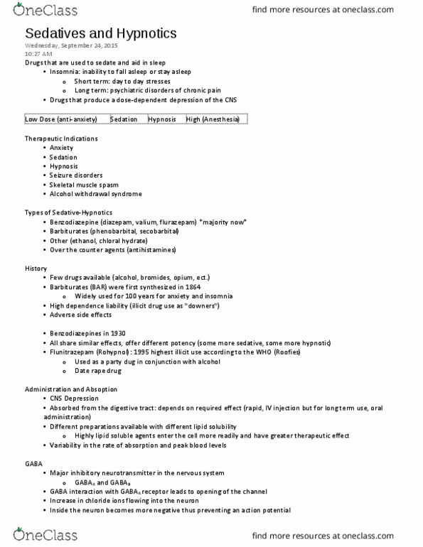 PHAR 100 Lecture Notes - Lecture 4: Alcohol Withdrawal Syndrome, Chloral Hydrate, Sedation thumbnail