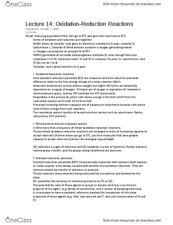 BIOC 311 Lecture Notes - Lecture 14: Faraday Constant, Pyruvic Acid, Lactate Dehydrogenase thumbnail