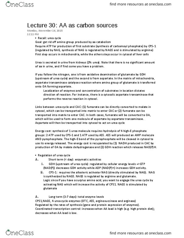 BIOC 311 Lecture Notes - Lecture 30: Ornithine, Threonine, Benzoic Acid thumbnail