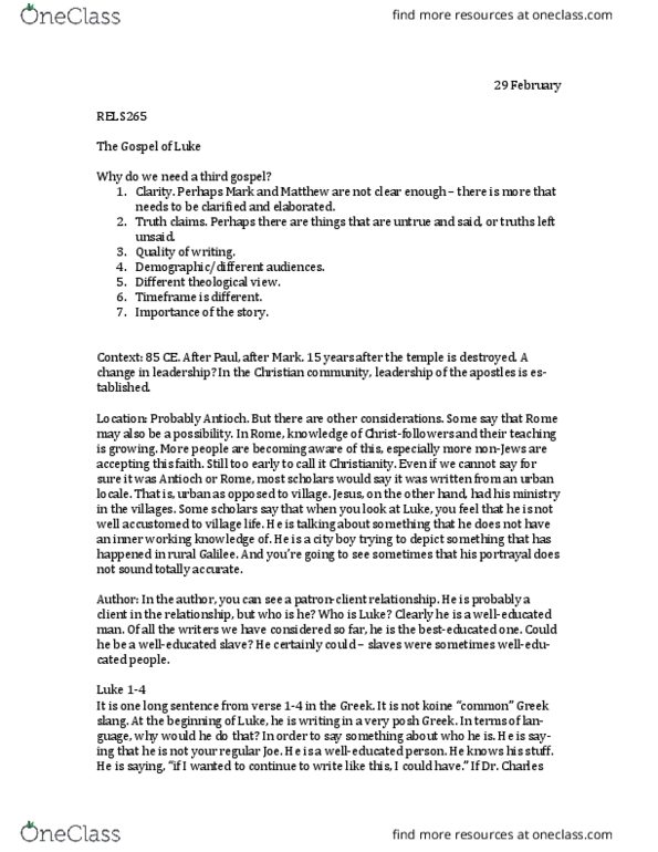 Rel 265 Lecture Notes - Lecture 14: Ecumene, Quirinius, Westron thumbnail