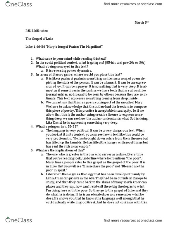 Rel 265 Lecture Notes - Lecture 15: Liberation Theology, Psalms thumbnail