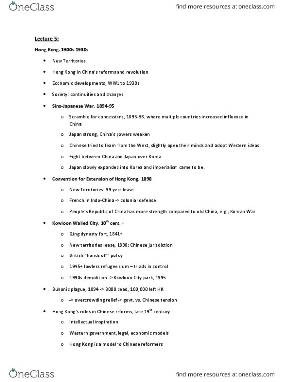 HIS385H1 Lecture Notes - Lecture 5: Sun Yat-Sen, Extraterritoriality, Ninetynine thumbnail