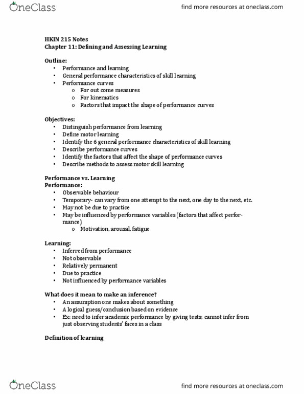 HKIN 215 Lecture Notes - Lecture 14: Ogive, Motor Learning, Motor Skill thumbnail