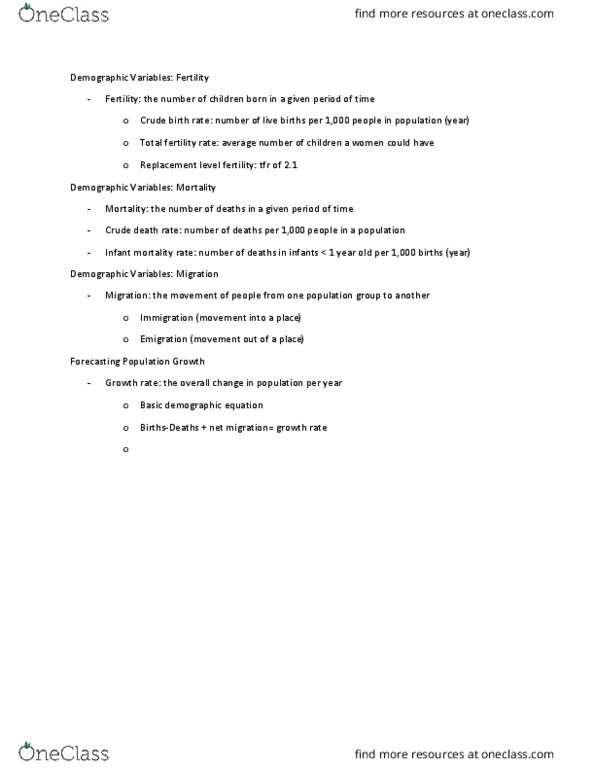 SOC 1000 Lecture Notes - Lecture 3: Total Fertility Rate, Birth Rate, Mortality Rate thumbnail