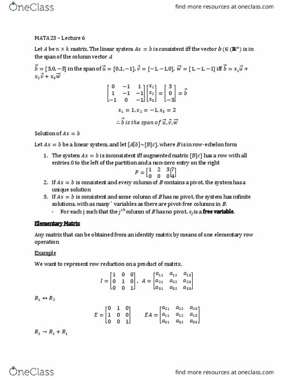 MATA23H3 Lecture Notes - Lecture 6: California State Route 1, Gaussian Elimination, Elementary Matrix thumbnail