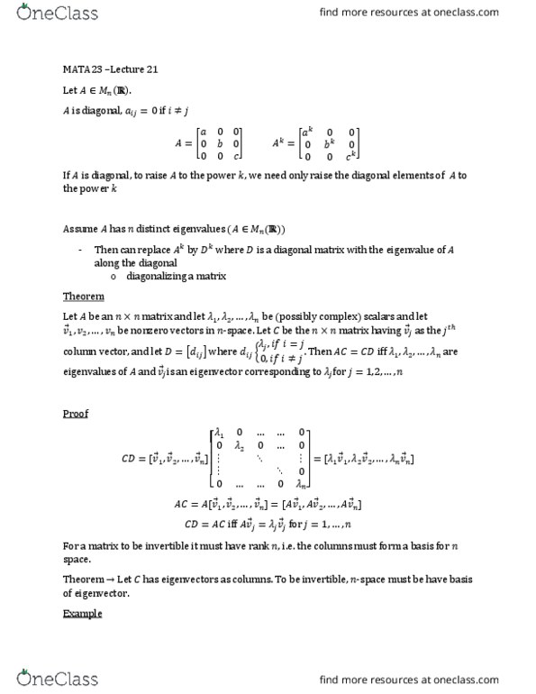 MATA23H3 Lecture Notes - Lecture 21: Diagonalizable Matrix, Linear Combination, Nspace thumbnail