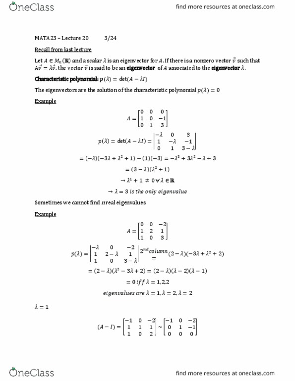 MATA23H3 Lecture Notes - Lecture 20: Solution Set, Invertible Matrix, If And Only If thumbnail