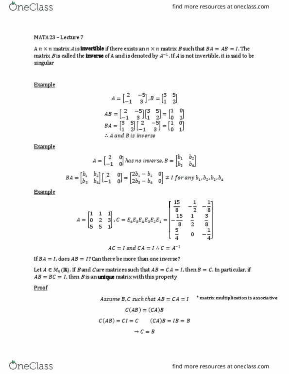 MATA23H3 Lecture Notes - Lecture 7: Row And Column Vectors, Augmented Matrix, Coefficient Matrix thumbnail