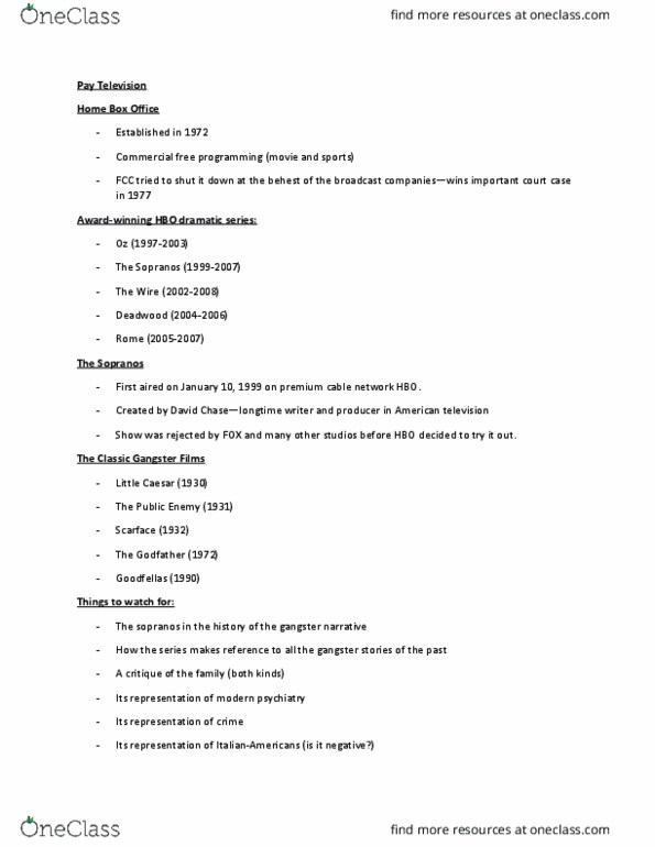 FILM 2401 Lecture Notes - Lecture 17: David Chase, Goodfellas, Gangster Stories thumbnail