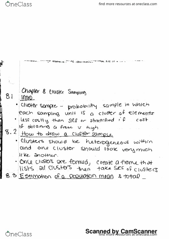 STATS 250 Chapter Notes - Chapter 8: Cluster Sampling thumbnail