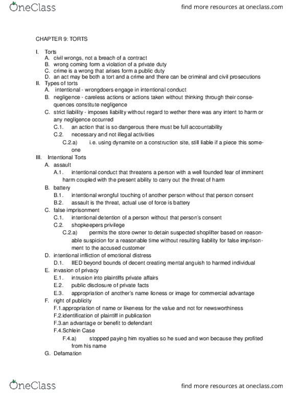 BSLW1102 Chapter Notes - Chapter 9: Product Liability, Contributory Negligence, False Imprisonment thumbnail