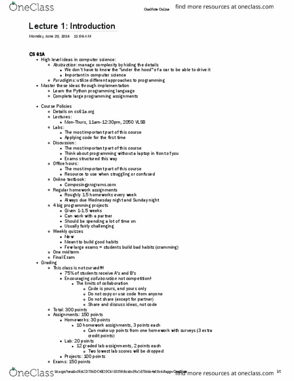 COMPSCI 61A Lecture Notes - Lecture 1: Microsoft Onenote thumbnail