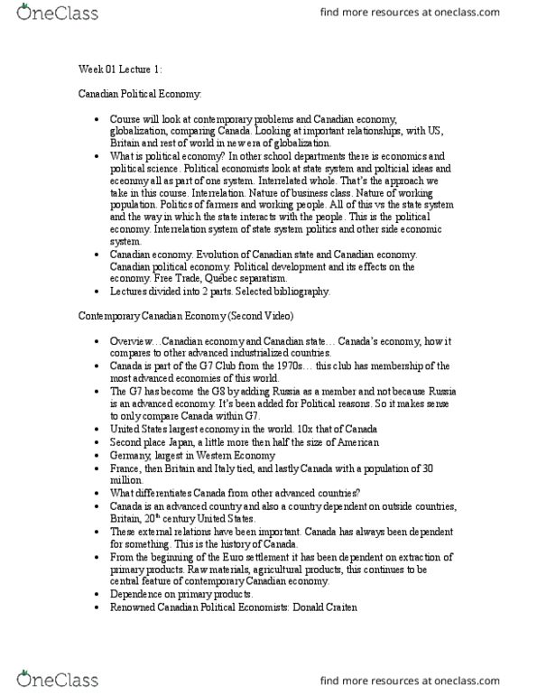 POLS 3125 Lecture Notes - Lecture 1: Comparative Advantage, Mercantilism, Lower Canada thumbnail