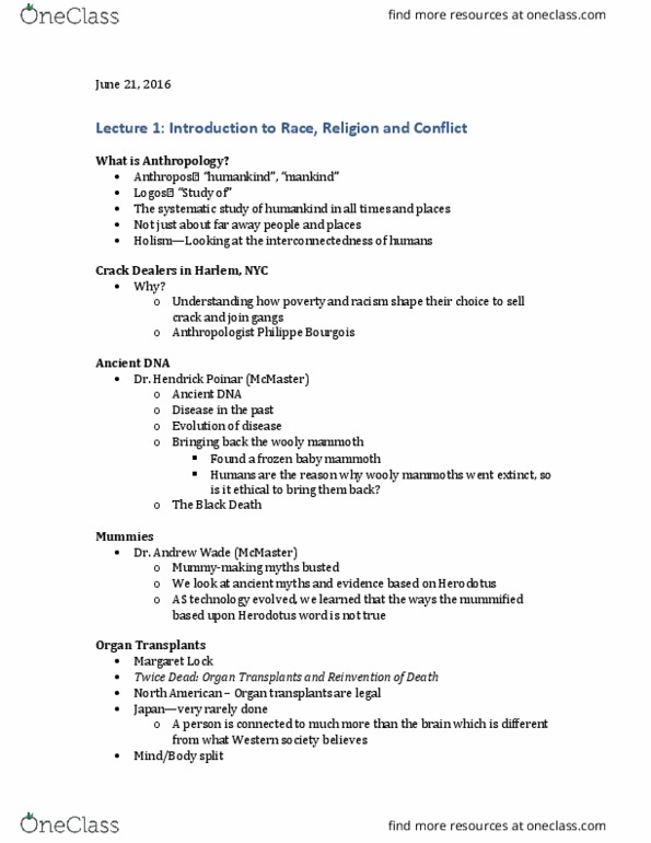 ANTHROP 1AB3 Lecture Notes - Lecture 1: Andrew Wade, Woolly Mammoth, Philippe Bourgois thumbnail