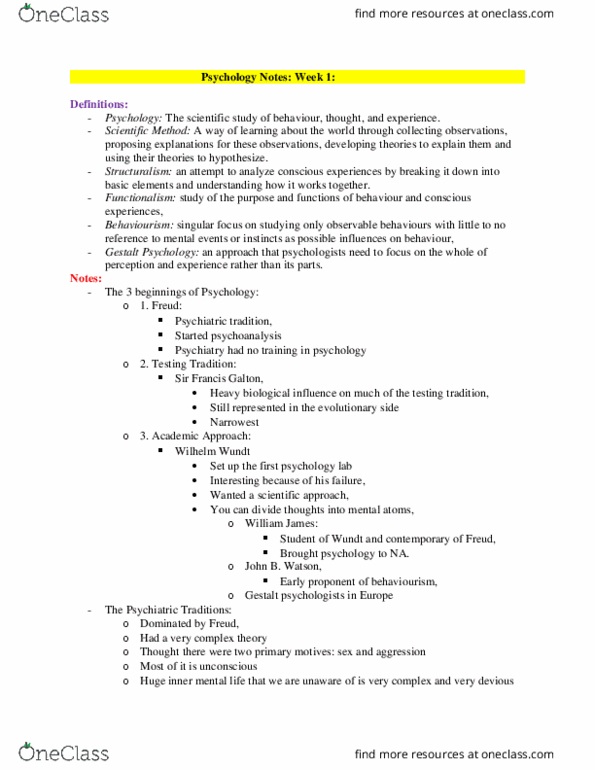 PSYCH101 Lecture Notes - Lecture 1: Neuroticism, Oedipus Complex, Kurt Lewin thumbnail