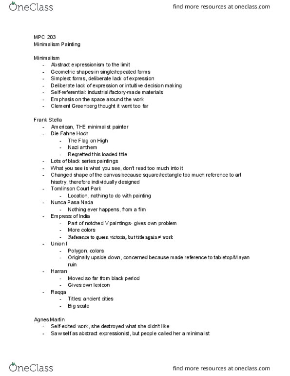 MPC 203 Lecture Notes - Lecture 10: Horst-Wessel-Lied, Clement Greenberg, Frank Stella thumbnail