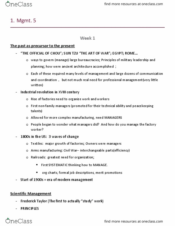 MGMT 5 Lecture Notes - Lecture 1: Scenario Planning, Henri Fayol, Individualism thumbnail