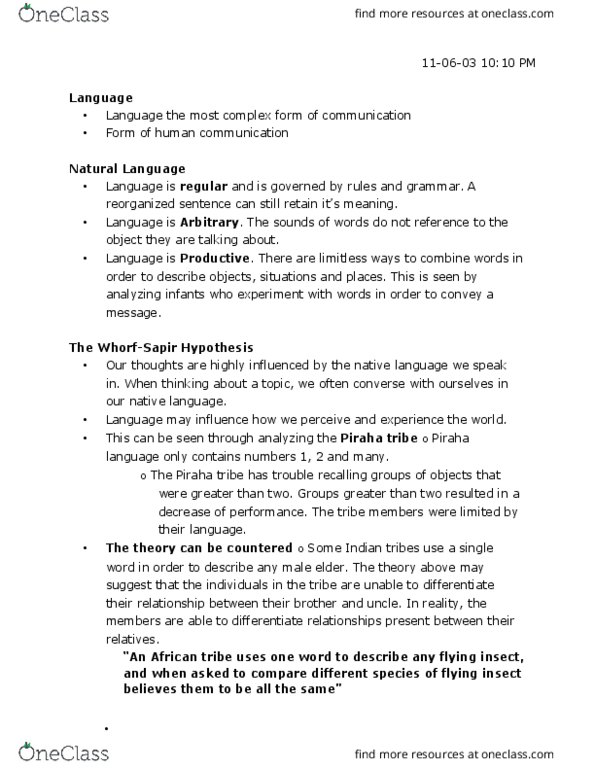 PSYCH 1X03 Lecture Notes - Lecture 10: Morpheme, Language Development, Noam Chomsky thumbnail