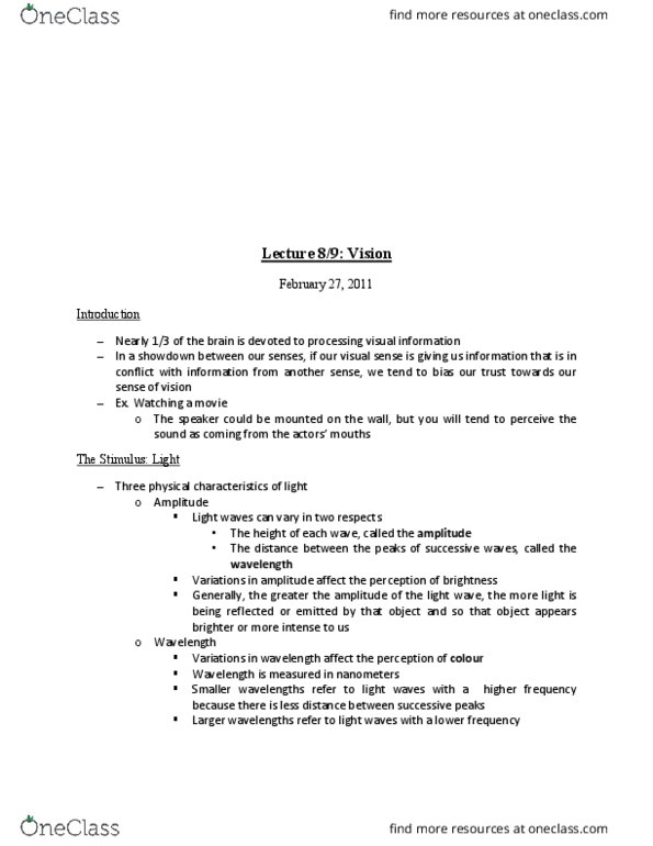 PSYCH 1X03 Lecture Notes - Lecture 8: Amacrine Cell, Visual Acuity, Retina Horizontal Cell thumbnail