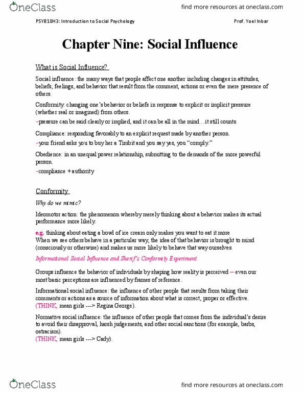 PSYB10H3 Chapter Notes - Chapter 9: Social Influence, Timbits thumbnail