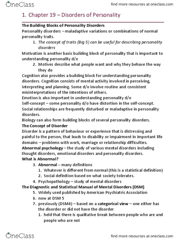 PSYC 305 Chapter 19: Chapter 19 - Disorders of Personality thumbnail
