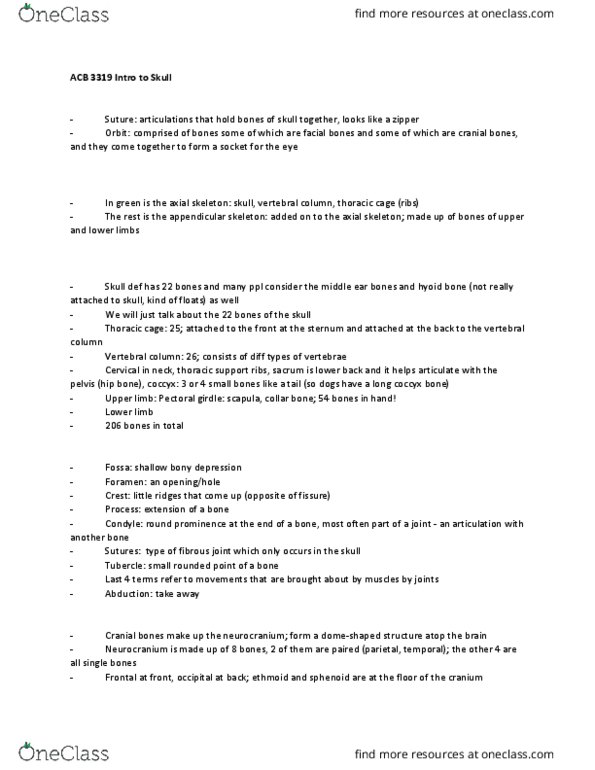 Anatomy and Cell Biology 3319 Lecture Notes - Lecture 5: Upper Limb, Scapula, Axial Skeleton thumbnail