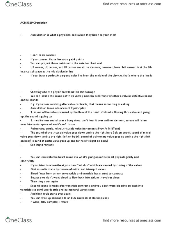 Anatomy and Cell Biology 3319 Lecture Notes - Lecture 9: T Wave, Second Sound, Heart Sounds thumbnail