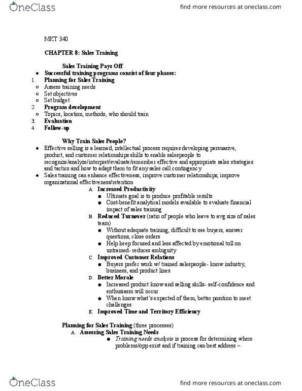 MKT 340 Chapter Notes - Chapter 8: Educational Entertainment, Contingency Table, Sales Force Management System thumbnail