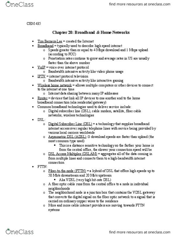 CHM 592 Chapter Notes - Chapter 20: Residential Gateway, Optical Fiber Cable, Cable Modem thumbnail