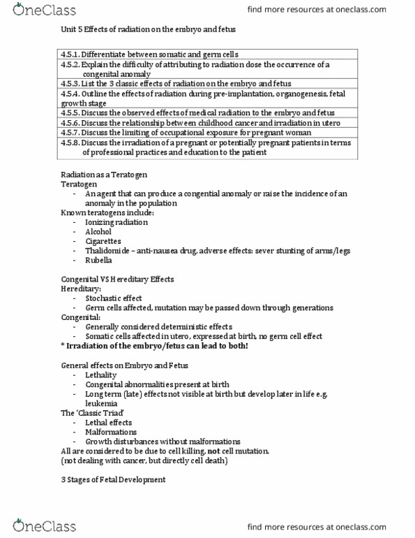 MEDRADSC 2X03 Lecture Notes - Lecture 12: Congenital Disorder, Ionizing Radiation, Late Effect thumbnail